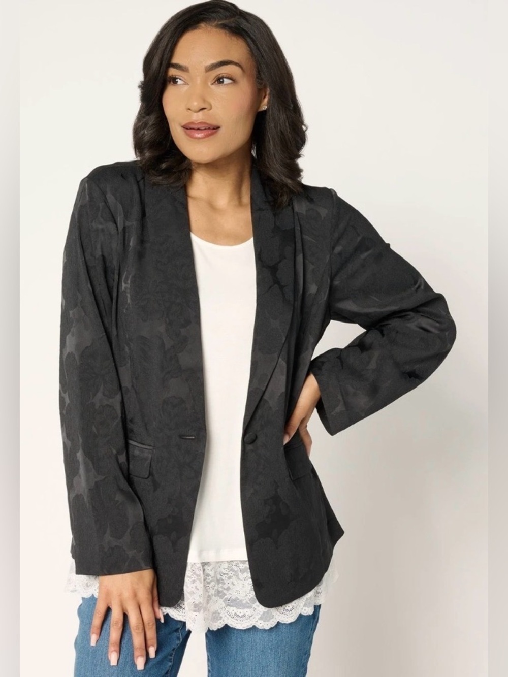 LOGO by Lori Goldstein Button Front Shawl Collar Jacquard Blazer Phantom New